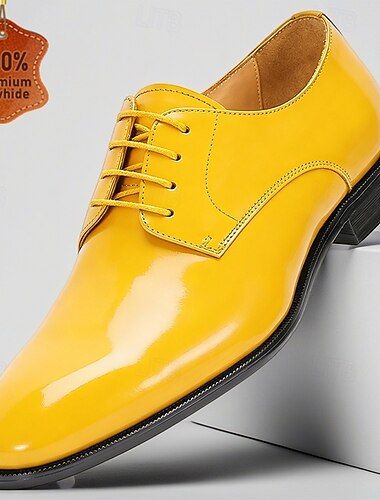  Premium derbysko i skinn for menn – ekte kuskinn, skinnende gul finish, klassisk elegant stil, komfortable pensko for menn, perfekt for kontor, bryllup og spesielle anledninger