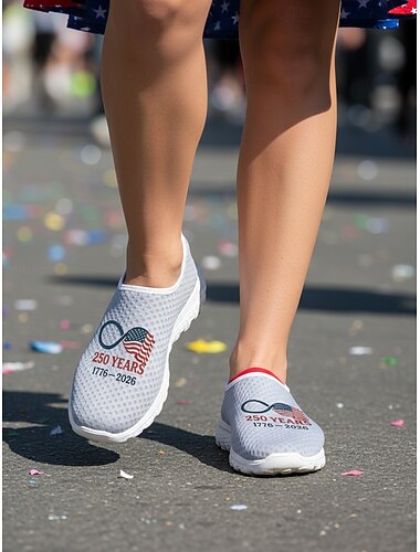  Witte patriottische instapsneakers voor dames – lichtgewicht, ademende wandelschoenen met Amerikaanse vlagprint en een afbeelding ter ere van 250 jaar, geschikt voor casual gebruik, feestdagen, reizen