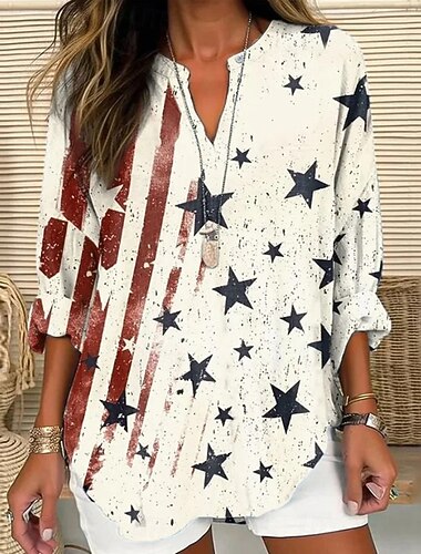  Amerikai függetlenség napja Női Blúz Nyomtatott Grafika Zászló Szüret Tropikus Hawaii Hosszú ujj V-alakú Hosszú felsők Napi Szabadság Strandruházat Fehér Piros / Kék Bézs Nyár Tavasz