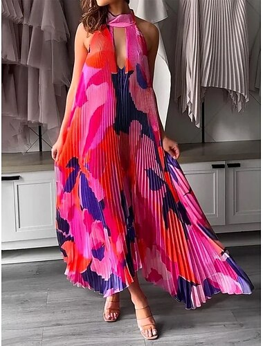  Per donna Abito maxi Vestito a ruota Abito Floreale Abito con Collo Allacciato Elegante Moda Moderno All'aperto Vacanza Feste Vestibilità comoda Floreale Senza Maniche All'americana Arancione Marrone