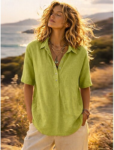  Damen Bluse Hemd aus Leinenimitat Knöpfe Einfarbig Vintage Stilvoll Lässig Halbarm Hemdkragen Normale Oberteile Täglich Blau Schwarz Weiß Rosa Grün Sommer Frühling Herbst