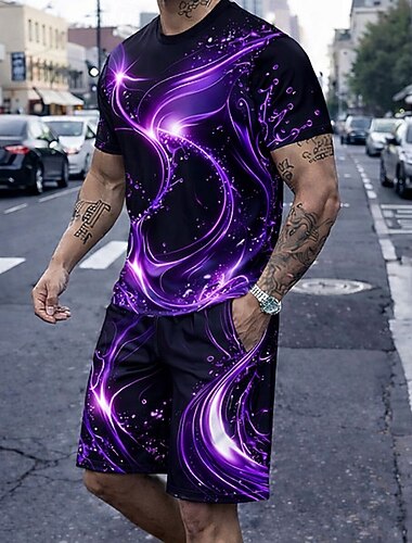  Miesten Geometrinen 2kpl T-paidat setit Kesän yläosat Lyhythihainen Lyhyet housut Tiukka pyöreä kaula-aukko Urheilu Vapaa-aika muodikas Päivittäin ulko- Loma 3D-tulostus Kesä Sininen Rubiini Purppura