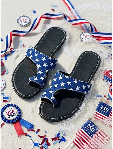  Dames strandsandalen ter ere van het 250-jarig jubileum van de VS – wit/blauw patriottische sterrenprint zomerslippers voor 4 juli, vakantie & strand