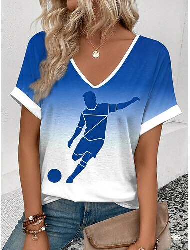  Världens fotbollsmatch 2026 Dam T-shirt Tryck Ombre Grafisk Färgblock Vintage Stilig Klassisk Kortärmad V-ringad Regular Tops Dagliga Helg Semester Kläder Blå Vit-Blå Vit Sommar Vår