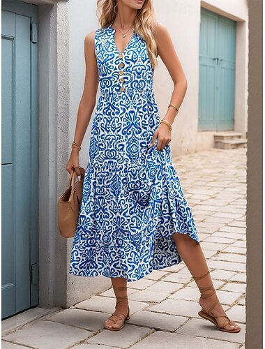  Γυναικεία Μίντι φόρεμα Φόρεμα Boho Καθημερινό φόρεμα Floral φόρεμα Κομψό Μοντέρνα ΕΞΩΤΕΡΙΚΟΥ ΧΩΡΟΥ Διακοπές Εξόδου Κανονικό Φλοράλ Αμάνικο Λαιμόκοψη V Θαλασσί Κίτρινο Πορτοκαλί Ροδοκόκκινο