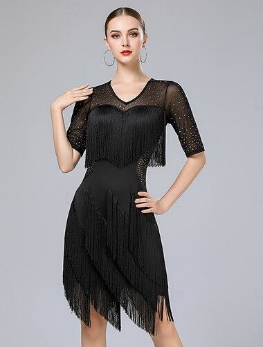  dames dansjurk van rood mesh met strass franjes