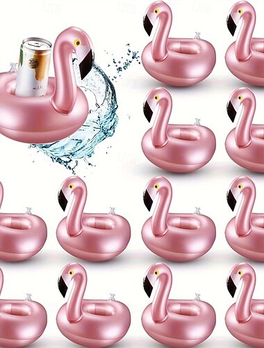  12 szt. nadmuchiwanych uchwytów na napoje w kształcie flamingów – urocze, pływające podstawki w kształcie zwierząt, wielokrotnego użytku akcesorium na imprezę przy basenie, idealne na letnie imprezy