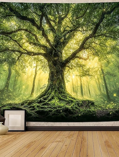  Zaczarowany las, starożytne drzewo życia, gobelin ścienny, promienie słoneczne, drzewo porośnięte mchem, zielone liście, natura, krajobraz, salon, sypialnia, wystrój domu, wiszący mural, tło