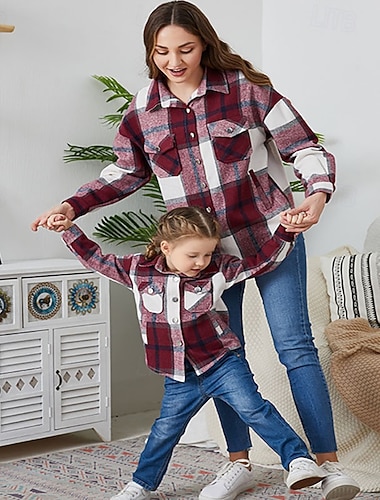  Mamma e io Camicie Top Plaid Casuale Patchwork Rosa Rosso Viola Manica Lunga Attivo Abiti coordinati
