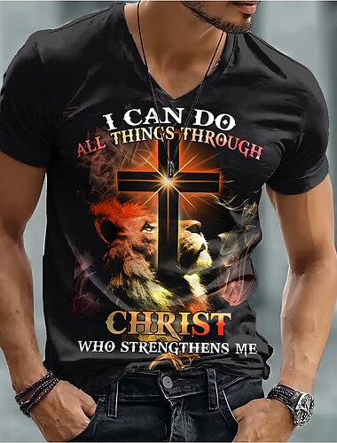  Koszulka męska Biblia Mogę Wszystko Dzięki Chrystusowi Który Mnie Wzmacnia Lew Krzyż Religijna Wiara T-Sirt Graficzna V-Koszulka Slim Fit Kościół Worship Prezent Projektanta Odzież