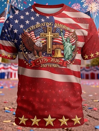  4. Juli 2026 250. Gedenktag Männer 3D Druck US-Flagge Rundhalsausschnitt Kurzarm T-Shirt Alltag Straße