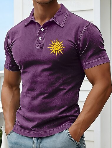  Voor heren Zon Acid Wash-shirt 100% Katoen Korte mouw Poloshirt Overhemden met kraag Hawaii Casual Buiten Feestdagen Vakantiekleding 3D-afdrukken Knop Lente zomer blauw Paars Bruin