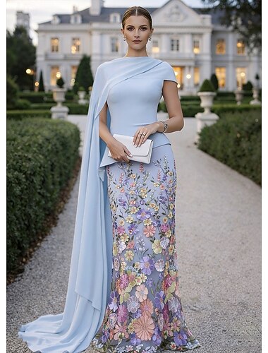 A-Linie Schlauchkleid Bodenlang Ballkleid mit Cape Abendkleid Ballkleid Festliche Kleidung Elegant Vintage Blumen Kurzarm Rundhalsausschnitt Hochzeit Formell Stretchstoff Tiefer