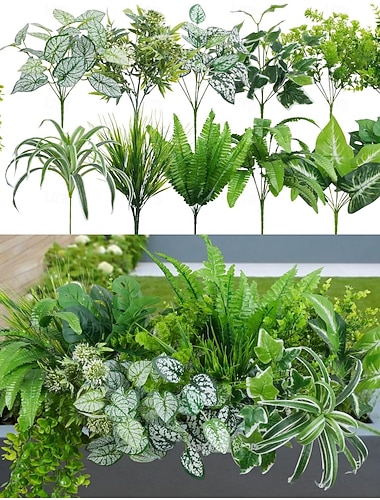  16 piante artificiali da esterno resistenti ai raggi UV, arbusti finti, cespugli, verde artificiale in plastica, piante finte per esterni e interni, piante da appendere per giardino, portico,
