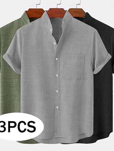  Pánské Lněná košile Letní košile Košile pro volný čas Košile s páskovým límečkem Bez vzoru Ležérní Plážové Černá+šedá+zelená Černá + bílá + šedá černá + bílá + zelená černá+khaki+zelená Krátký rukáv
