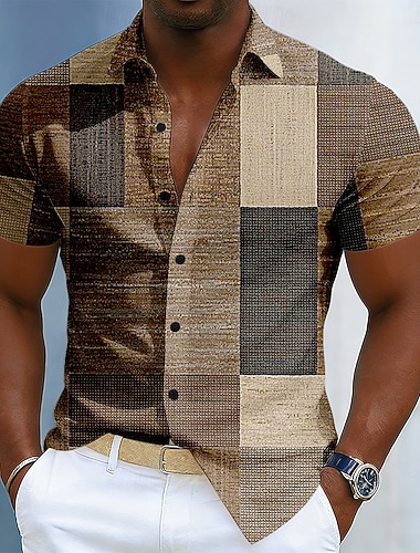  Herren Geometrisch Farbblock Patchwork Hemd Knopfhemd Kurzarm Modisch lässig Täglich Outdoor Urlaub Sommer Frühling Umlegekragen 3D-Druck Leinenähnliches Hemd Blau Braun Grün Grau