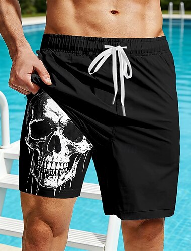  Homens Caveiras Shorts Forrados Shorts de Natação 2 em 1 Fatos de banho Calções de banho Cintura Média Estilo gótico escuro férias na praia Bolsos laterais Com forro de compressão Cintura elástica