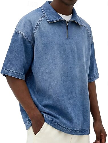  Voor heren Poloshirts Acid Wash-shirt Casual Feestdagen Strijkijzer Kwart ritssluiting Korte mouw Modieus Basic Effen Kleur Vetoketju Vintagestijl Zomer Lente blauw Diep Groen Zwart Rood Marineblauw