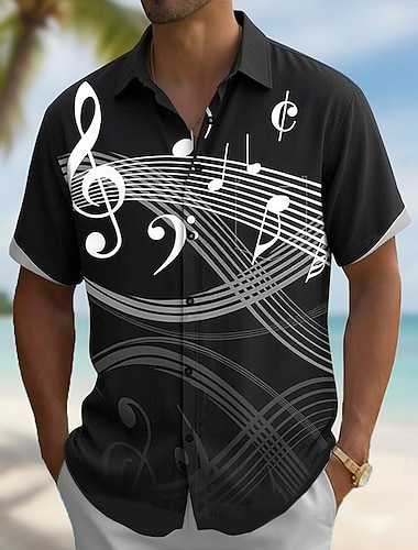  Per uomo Note Musicali Camicia Camicia con Bottoni Camicia casual Manica Corta Vintage Retrò Quotidiano Festival Musicale Primavera Autunno Collo ripiegato Stampa 3D camicie con colletto Nero Viola