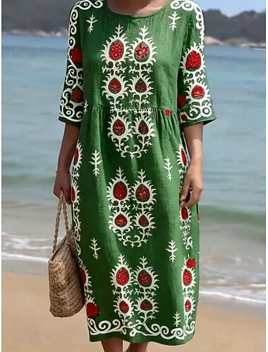  Mujer Vestido Midi Vestido de cambio Vacaciones Casual Estilo playero Playa Noche Holgado Floral Graphic Manga 3/4 Cuello redondo Verde Trébol Verano Primavera