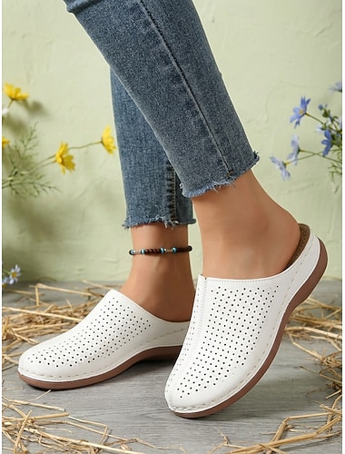  mules slip-on traforate da donna: scarpe in similpelle bianca con tacco comodo per l'uso quotidiano, uscite informali e stile estivo rilassato