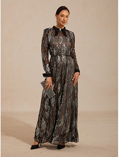  Női Maxiruha A vonalú ruha Elegáns Estély Randi Flitter Toll Hosszú ujj Terített nyak Fekete