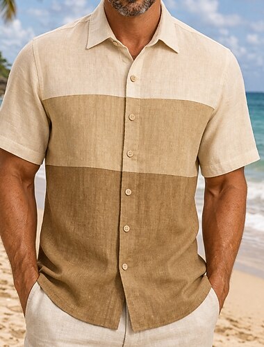  בגדי ריקוד גברים חולצה חולצת פשתן חולצת קיץ ביגוד חוף חולצה עם כפתורים קולור בלוק חוף חופשה פול תלתן חאקי שרוולים קצרים צווארון מתקפל אביב קיץ קיץ ביגוד