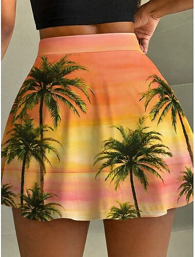  Dames Vakantierok Tennisskirt Modieus leuke Style Strand Kleding Badmoe Broekjes Mini Hoge taille Rokken Bloemig Grafisch Hoge Elasticiteit Dagelijks Oranje Zomer 95% polyester, 5% spandex