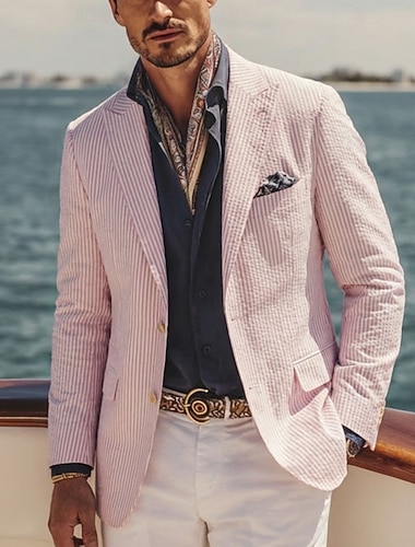  Voor heren Blazerjack Sluiting kraag Modieus Lichtgewicht Casual Gestreept Blazer Seersucker blazer Blozend Roze Hemelsblauw Salie Getailleerd Enkele rij knopen met twee knopen
