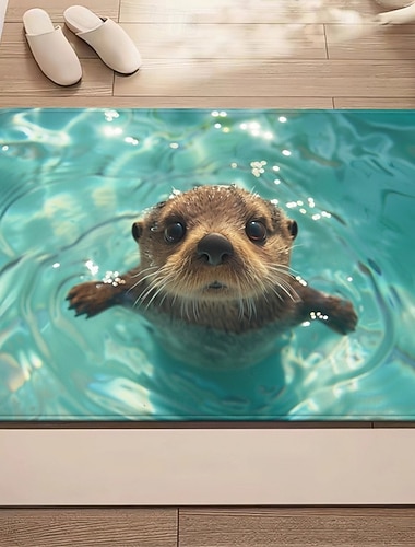  Fußmatte mit schwimmendem Otter, 3D-Optik, türkisfarbenes Wasserdesign, 2D-Flachdruck, strapazierfähiges und pflegeleichtes Material, einladende Eingangsdekoration