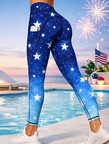  Dia da Independência Dia Nacional Americano Dia da Independência Americana Mulheres Leggings casuais Leggings de Ginástica Camada de base inferior Bolsos Imposto de selo Patchwork Pilates Academia