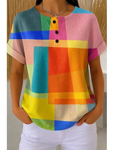  Maglietta Waffle da donna maglie a maglia testurizzata color block grafica geometria sfumata elegante classica manica corta girocollo standard casual khaki arcobaleno estate primavera