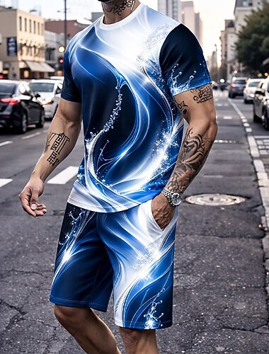  Voor heren Meetkundig Lijn 2 stuks T-shirts sets Zomer tops Korte mouw Korte broek Strakke ronde hals Casual / Dagelijks Vakantie Uitgaan 3D-afdrukken Zomer blauw Zwart Rood