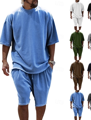  Herren T-Shirt Anzüge Trainingsanzug Shorts und T-Shirt-Set Kurzarm Rundhalsausschnitt Sommer Einfach Sportbekleidung Gymnastik Lässig 2 teilig Lässig Urlaub Alltagskleidung Weiß Schwarz Marineblau