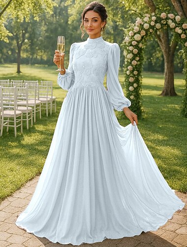  فستان رسمي طويل الفستان المسائي فستان والدة العروس بأكمام طويلة وياقة عالية أنيق عتيق حفلة شيفون مع كسرات وتطريز