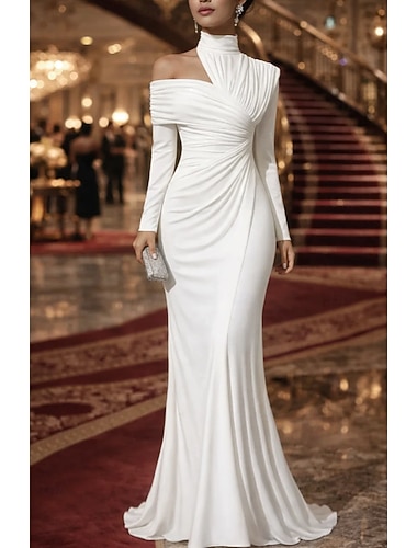  בתולת ים  חצוצרה עד הריצפה שמלות ערב אלגנטית ערב מותן אימפריה שרוול ארוך צווארון גבוה מסיבת ערב חתונה סאטן נמתח עם קפלים צבע אחיד