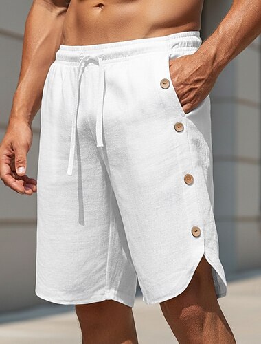  Herren Shorts Leinenshorts Sommershorts Strandshorts Freizeitshorts Kordelzug Elastischer Bund Knöpfe Einfach Komfort Atmungsaktiv Kurz Täglich Outdoor Strand Urlaub Mode Schwarz Weiß Unelastisch