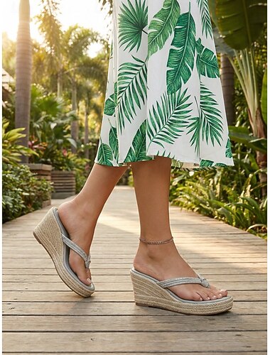  Elegante lichtgrijze sleehak sandalen voor dames - glinsterende strass bandjes met geweven espadrille platformzool, perfect voor buitenactiviteiten in resorts en tropische tuinfeesten. &zomervakanties