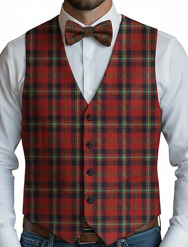  herrevest ferie fest mote høst vinter lommeknapper polyester komfortabel rutete enkeltspent firknapps v-hals normal passform mørkerød rød vest