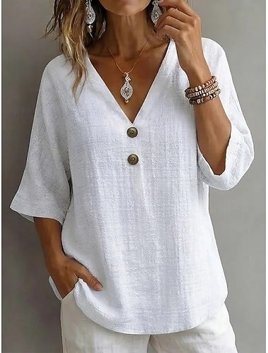  Damen Bluse Hemd aus Leinenimitat Knöpfe Einfarbig Täglich Stilvoll Basic Dreiviertelarm V Ausschnitt Normale Oberteile Täglich Blau Weiß Gelb Grün Grau Sommer Frühling Herbst