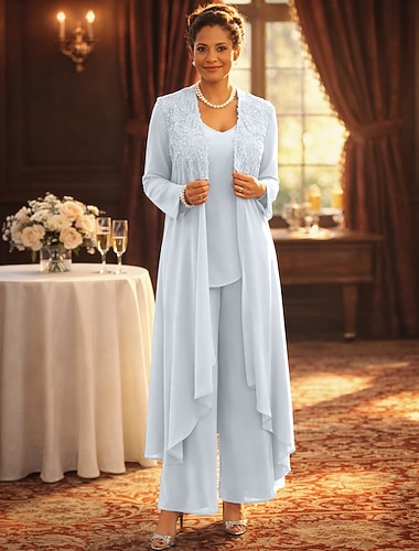  Broek 3-delig pak Tot de grond Moeder van de bruid jurk Mouwloos V-hals Elegant Feest Formeel Bruiloft gast Kant Linnen / katoenmix Jas Jurken met Kralen Appliqués