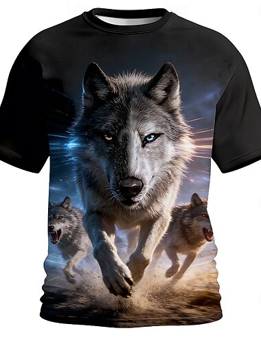  メンズ ヘテロクロミア オオカミ ランニング オオカミ パック クール ファンタジー サイバーパンク パワー T シャツ 半袖 クルーネック 総柄プリント レギュラーフィット カジュアル ストリートウェア デザイナー衣料 アパレル S M L XL XXL XXXL