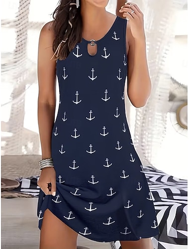  Damen Minikleid A Linie Kleid Sommerkleid Schulterfreies Kleid Urlaub Lässig Täglich Normale Passform Grafik Ärmellos Rundhalsausschnitt Marineblau Sommer