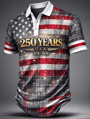  4 juillet 2026, 250e anniversaire Homme Drapeau Américain Polo Manche Courte Polos Revers Occasionnel Athleisure Tenue quotidienne Tenue de fête Impression 3D Boutons Printemps & Été Bleu Rouge Gris