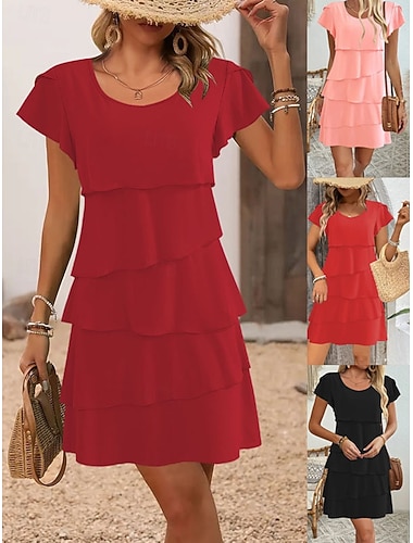  Damen Minikleid Freizeitkleid Chiffonkleid Sommerkleid Elegant Mode Modern Outdoor Urlaub Ausgehen Normale Passform Einfach Kurzarm Rundhalsausschnitt Schwarz Rosa Rote Burgunderrot Sommer Frühling