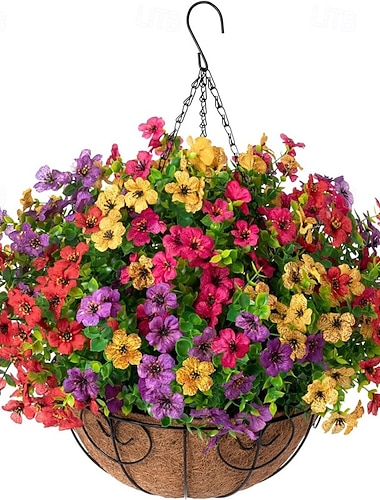  Künstliche Hängeblumen mit Korb, künstliche Hängepflanzen mit UV-beständigen Seidenblumen für drinnen und draußen, Frühling, Sommer, Veranda, Terrasse, Balkon, Garten, Heimdekoration, mehrfarbig