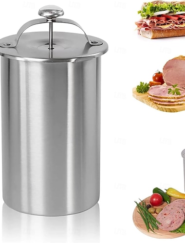  kinkkukoneen lihaprässi kotitekoisen lihaprässin valmistukseen, ruostumattomasta teräksestä valmistettu lihaprässikeitin, kinkkuprässi lämpömittarilla, lihaprässi lounaslihakone