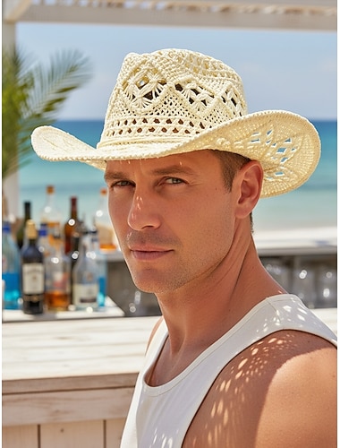  Heren cowboyhoed van stro in diverse kleuren, geweven zomerzonnehoed voor strandvakanties, westernoutfits, resortkleding en zomerfeesten.