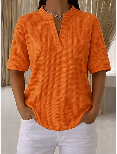  Dámské Tričko Trička Top Henley Vaflově pletené topy Pevná barva stylové Na běžné nošení Krátký rukáv Do V Běžné topy Denní Vodní modrá Černá Bílá Oranžová Trávová zelená Léto Jaro Podzim