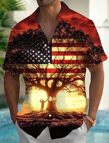  Herren 250. Jahrestag des Unabhängigkeitstages der USA am 4. Juli US Flagge Baum des Lebens Hemd Sommerhemd Knopfhemd Kurzarm Patriotisch Outdoor Ferien Sommer Frühling Umlegekragen 3D-Druck Hemden